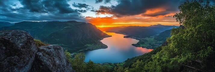 Wall Mural - Majestic Sunset Over Serene Mountain Lake - A breathtaking panorama captures a vibrant sunset illuminating a tranquil mountain lake. The scene features a winding waterway, lush green hills, and dramat