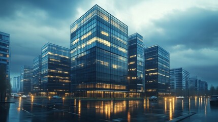 Sticker - Modern Cityscape at Dusk with Reflections in Wet Pavement - A modern cityscape with tall glass buildings illuminated at dusk, reflecting in the wet pavement after a rain shower. The scene symbolizes u