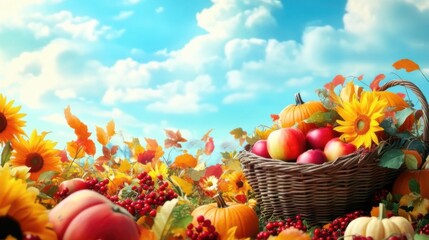 Sticker - A picturesque autumn harvest with pumpkins, apples, sunflowers, and colorful leaves under a bright sky.