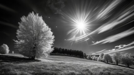 Poster - Black and white infrared photo of a serene landscape with trees and dramatic sunlight.