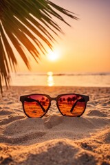 Sunglasses on the tropical beach. Travel relax vacation. Summer evening on exotic bay