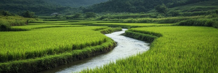 Poster - Serene River Winding Through Lush Green Rice Paddies - A tranquil scene of a river meandering through vibrant green rice paddies, symbolizing nature's beauty, agricultural abundance, and the flow of l