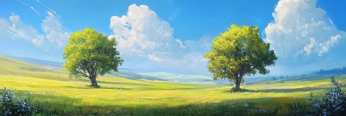 Wall Mural - Serene Summer Meadow with Two Trees and Blue Sky - The image depicts a serene summer meadow with two trees, a vast blue sky, and fluffy white clouds. It symbolizes tranquility, peace, nature, growth, 