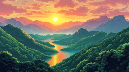 Canvas Print - Serene Sunset Over Mountain Valley - A breathtaking sunset casts golden hues over a lush valley, showcasing a winding river snaking through verdant mountains. The vibrant sky and tranquil scene evoke 