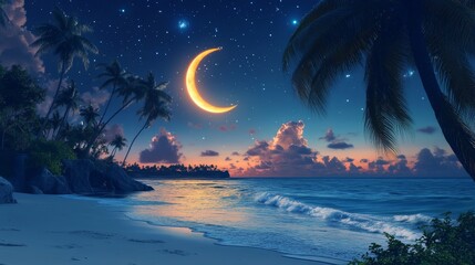 Wall Mural - Tranquil Night on a Tropical Beach with Crescent Moon and Stars - The image depicts a serene tropical beach scene under a starry night sky. Palm trees silhouette against the horizon, a crescent moon h