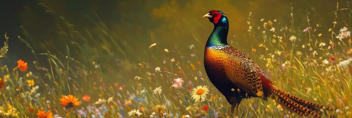 Sticker - Vibrant Male Pheasant in a Meadow of Wildflowers - A colorful male pheasant stands in a field of wildflowers, symbolizing beauty, nature, wildlife, freedom, and peace.