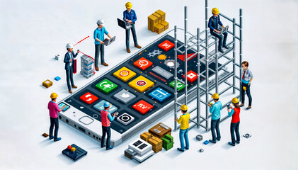 Group of people standing around cell phone with construction icons on it.