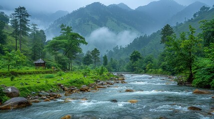 In this picture you can see the hill view along with stream and trees with beautiful scene of greenery on mountains .