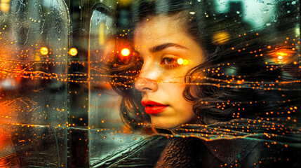 Wall Mural - Woman looking out of window with yellow lights shining on her face.