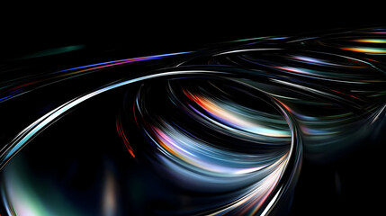 Abstract 3D render of iridescent lines swirling on a black background.