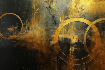 Wall Mural - Modern design with gold circles and grunge textures on dark bg