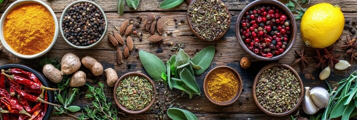 Poster - Aromatic Spices and Herbs Collection on Rustic Wooden Background - A vibrant collection of spices and herbs, including turmeric, black peppercorns, red peppercorns, garlic, lemon, and fresh herbs, arr