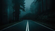 © IllustrationAlchemy - Tranquil road in the fog through a forest at night.