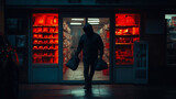 Fototapeta Natura - Hooded Figure Exiting Convenience Store at Night Depicting Retail Robbery Under Red Light