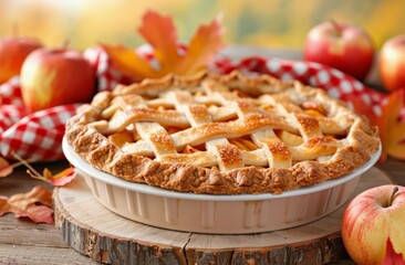 Wall Mural - Freshly Baked Apple Pie With Red Apples and Autumn Leaves On Rustic Table