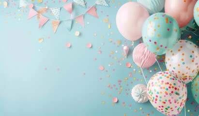 Wall Mural - Colorful Party Decorations With Balloons and Confetti on Blue Background