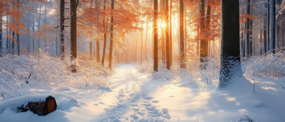 Sticker - A serene winter forest with a sunlit path, covered in snow, and tall trees adorned with frost.