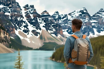 Sticker - Man Exploring Rocky Mountains Near Moraine Lake on a Sunny Day