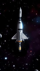 Wall Mural - Video of space rocket floating in deep space, surrounded by distant stars and celestial objects, representing space exploration and advancement of aerospace technology