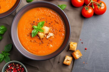 Wall Mural - Fresh Tomato Basil Soup Served With Croutons and Cherry Tomatoes on a Linen Tablecloth