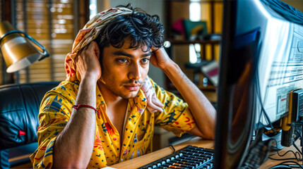 Man sitting in front of computer with his hands on his head.