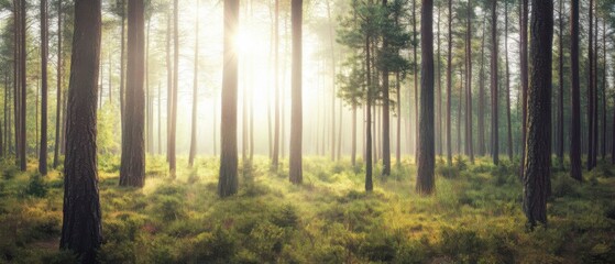 Wall Mural - A serene forest scene with sunlight streaming through tall trees, casting shadows on the lush green undergrowth.