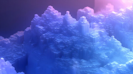 Canvas Print - Abstract blue and purple 3D render of a geometric landscape with pixelated texture.