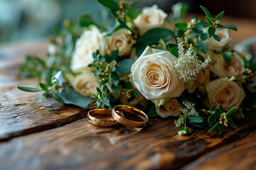 A romantic symbol of love and unity. Two gold wedding rings rest delicately on a bed of soft white roses.