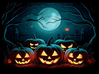 Dark night  background with pumpkins forest