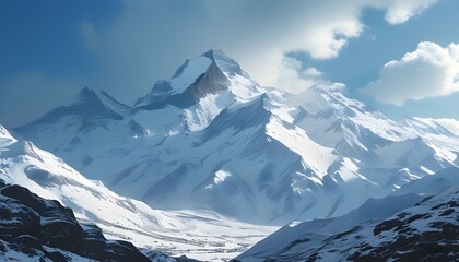 Wall Mural - The magnificent snowy mountain scenery, covered with snow, complements the blue sky and white clouds, making it peaceful and beautiful.