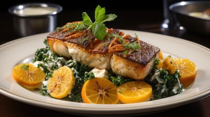 Wall Mural - a tantalizing serving of pan seared sea bass infused with citrus based butter, garnished with greens and lemon slices ready to be served