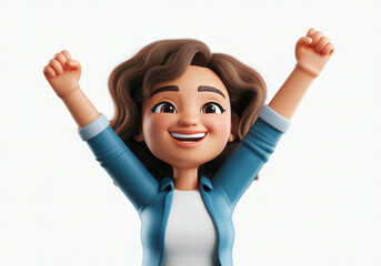 Laughing jumping cartoon character young woman portrait hands up 3d style design white background.