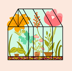 cute vector Glass orangery, botanical garden greenhouse with potted flowers flat hothouse for growing crops and agriculture. Glasshouse for homegrown products, natural and organic plants cottagecore