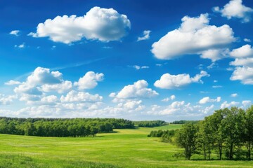 Wall Mural - Lush green meadows under a bright blue sky filled with fluffy white clouds.