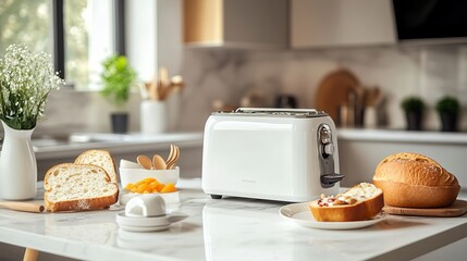 Another view of a modern toaster and breakfast setup on a white marble table in a kitchen