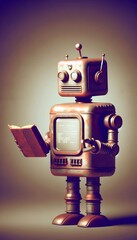 Rusty retro robot with a book