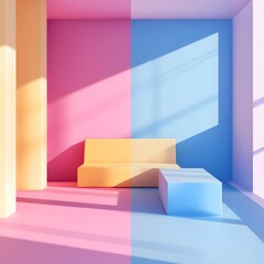 Canvas Print - Minimalist 3D Rendering of a Pink Yellow and Blue Room