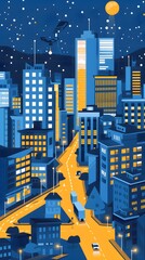 Sticker - Nighttime Cityscape with Buildings, Roads and Stars