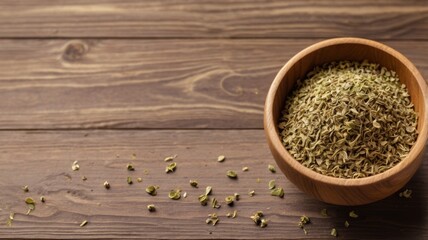 Wall Mural - Dried spicy herbs in a wooden bowl on a wooden table, top view, copy space