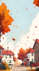 Sticker - Autumn leaves falling in a street with houses