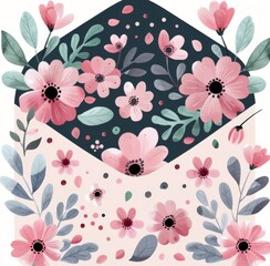 Canvas Print - Floral Design With Pink Blooms and Leaves on Envelope Background