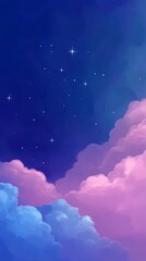 Wall Mural -  background features a soft pink and blue sky with clouds, dotted with stars, atmosphere of tranquility, color scheme features muted, pink, blue, and purple, evoking, romance. A simple composition