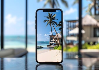 Tropical Beach Scene on Phone Screen