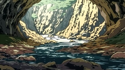 Wall Mural - A Pixelated View of a River Winding Through a Canyon, Seen From a Cave Entrance