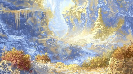 Wall Mural - A Surreal Underwater Landscape with Golden Coral and Blue Rock Formations