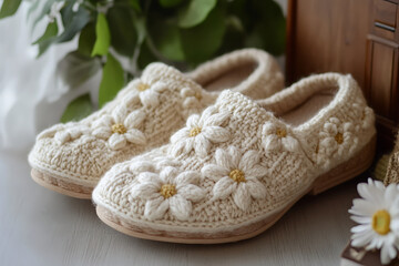 Wool slippers on white background , hand made, very cozy