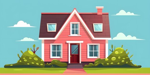 Wall Mural - Cartoon Illustration of a Pink House with Green Bushes and a Blue Sky