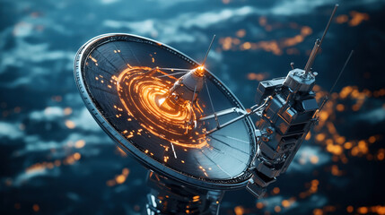 Wall Mural - high-tech satellite dish in space with glowing orange lights, capturing or transmitting data. backgr