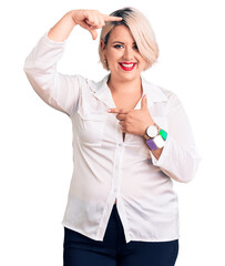 Wall Mural - Young blonde plus size woman wearing casual shirt smiling making frame with hands and fingers with happy face. creativity and photography concept.