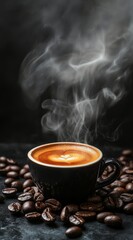 A steaming cup of coffee, surrounded by dark beans on the bottom and smoke rising from it. The background is black with an artistic touch. --ar 5:9 --v 6.1 Job ID: b3fbb66a-30f9-448f-8bc9-5849ed627c71